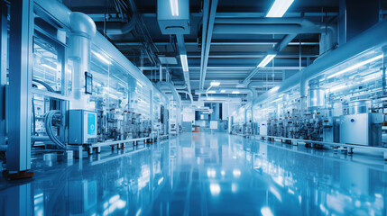 Large brightly lit hall with modern industrial equipment. Interior of a biopharmaceutical medicine factory. Advanced technology.
