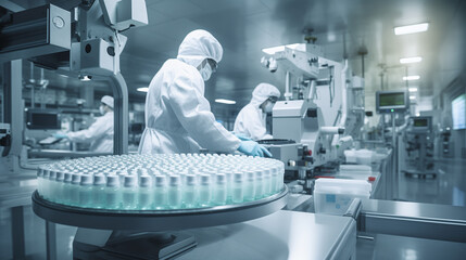 Workers in white protective clothes inspecting pharmaceutical and healthcare products in a manufacturing facility. Quality control. Life sciences industry, biotechnology.