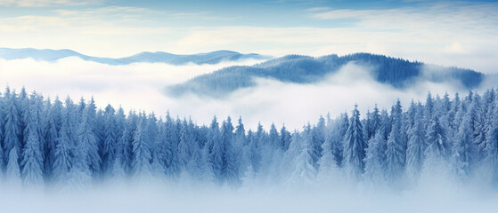 mystical rising fog in the snowy mountains
