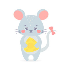 Cute little mouse holding cheese. Funny hand drawn animal character for greeting cards, stickers, posters, invitations and nursery print. Vector illustration isolated on a white background.