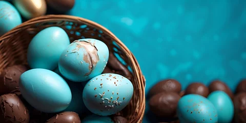 Fotobehang Gros plan sur un panier rempli d'oeufs de Pâques en chocolat vu de dessus sur un fond turquoise © infographiste06