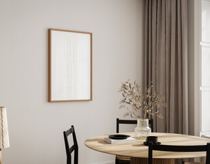 Poster frame mock-up in home interior background, dinning room in beige tones,