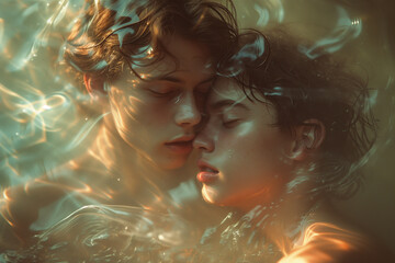 Cute photo of a gay couple loving each other underwater
