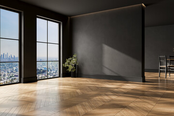 Modern black interior empty room , table with chairs. Mock up. Suitable for interior rooms...