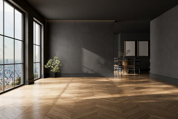 Modern black interior empty room , table with chairs. Mock up. Suitable for interior rooms furniture template.