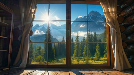 view from the window of a mountain cabin, bathed in sunlight, offering a serene and picturesque scene of nature's beauty.