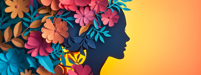 An artistic depiction featuring a silhouette of a face intertwined with floral elements, crafted in a paper-cut design, including a dedicated area for text to celebrate International Women's Day. - obrazy, fototapety, plakaty
