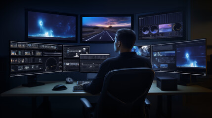 Naklejka premium Videoeditor an seinem Schnittplatz mit vielen Monitoren, Schnitt und VFX nach einem Filmdreh