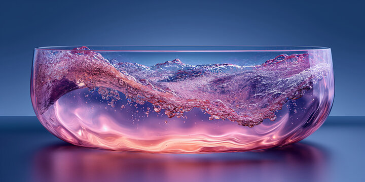 Behälter aus Glas mit pink und lila leuchtender Flüssigkeit als Hintergrundmotiv, ai generativ