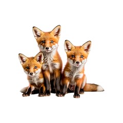 Three Young Red Foxes Sitting Together on White Background