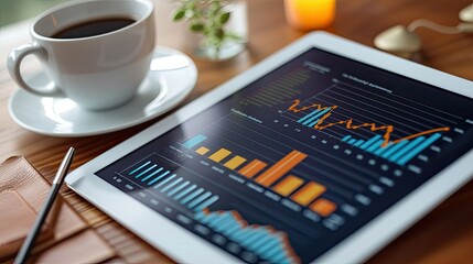 a tablet screen, featuring graphs and charts, set on a desk adorned with a cup of coffee, symbolizing the blend of technology and traditional work elements in financial analysis.