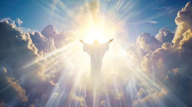 Jesus in robe stands with hands wide raised to heaven calling on people to stop committing sins. Jesus Christ in heaven calls people to pray and do good deeds. Annunciation of Jesus Christ in heaven