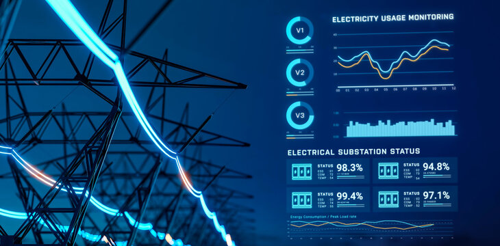 Electric transmission tower with glowing electricity flowing, electrical power transmit from high voltage substation infrastructure to city, energy usage monitoring dashboard interface 3d rendering