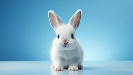 A white bunny standing alone on a blue background.