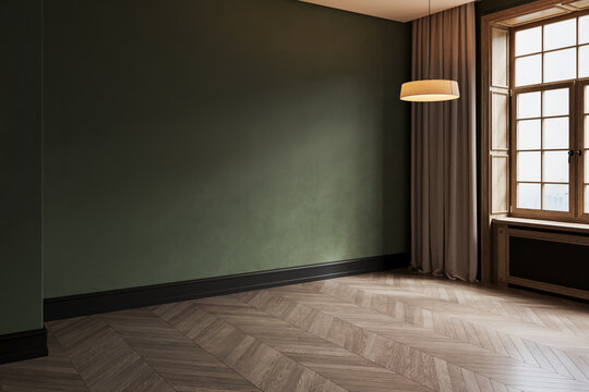 empty living room with dark green tones wall