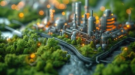 Sprawling 3D industrial park with factories equipped with eco-friendly technologies such as carbon capture and renewable energy, sustainable industrial development, green manufacturing - obrazy, fototapety, plakaty