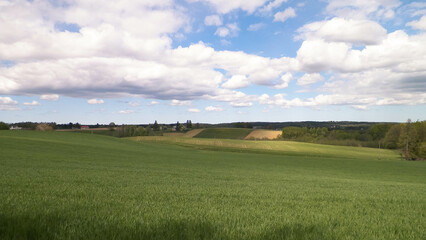 Green fields and hills in Wiezyca, Kashubian Region, Poland. - obrazy, fototapety, plakaty