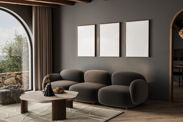 Fototapeta premium Mockup frame in interior background, room in gray colors, Scandi-Boho style