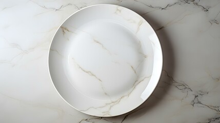 Top View of an empty Plate in ivory Colors on a white Marble Background. Elegant Template with Copy Space