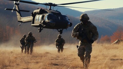 Amid swirling sand, a helicopter lands as special forces soldiers emerge, ready for action, evoking a scene of intense military readiness. - obrazy, fototapety, plakaty