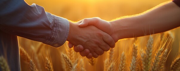 Agreement of farmers about sale price of raw materials, wheat field, panorama. Generative Ai.