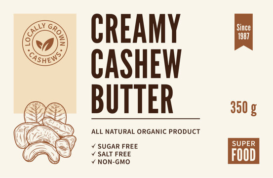 Vector cashew butter label. Vector cashew nuts illustration