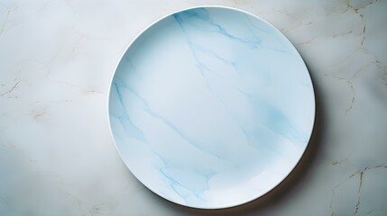 Top View of an empty Plate in light blue Colors on a white Marble Background. Elegant Template with Copy Space