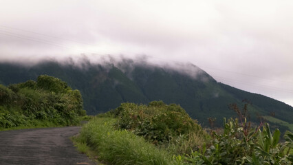 Mountain landscape at foggy day. Azorean islands.