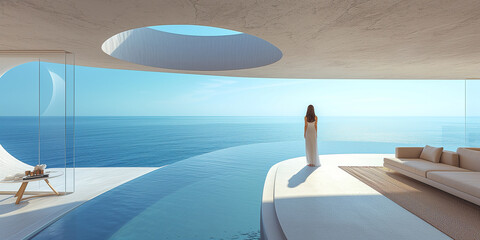 Fototapeta premium Minimalist luxury villa with panoramic ocean view and elegant interior design