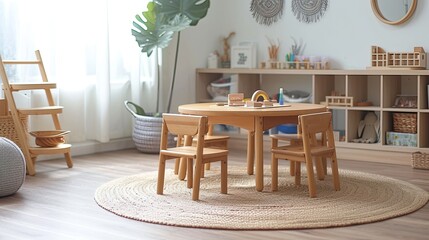a low wooden table and chair set up, adorned with Montessori materials, creating an inviting and educational environment for children.