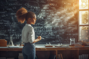 Young Girl Solving Equations at Chalkboard in Classroom
