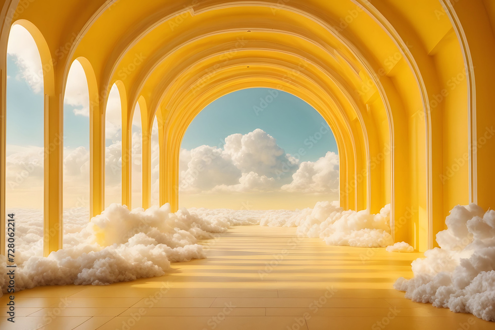 Poster 3d renders an abstract minimal yellow background design with white clouds. yellow arches hallway des