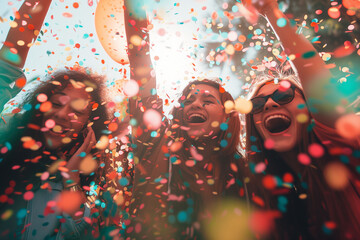 An image portraying a milestone celebration, Employees are commemorating achievements and successes together, A concept photograph of party and festivity, Group of young people surrounded by confetti.