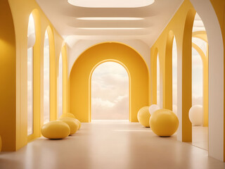 Fototapeta na wymiar 3D renders an abstract minimal yellow background design with white clouds. Yellow arches hallway design.