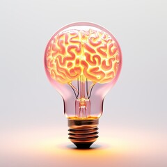 Brain inside a bulb glowing isolated on plain grey background, Human Brain Glows inside of a Light Bulb