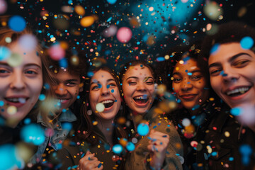 An image portraying a milestone celebration, Employees are commemorating achievements and successes together, A concept photograph of party and festivity, Group of young people surrounded by confetti.