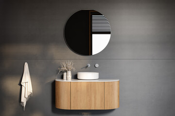 Wooden bathroom vanity hanging on gray wall with white sink and oval mirror