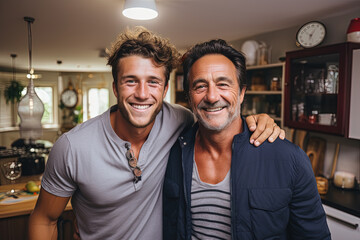Fototapeta premium Smiling Father and Son Sharing a Moment in a Cozy Home Kitchen
