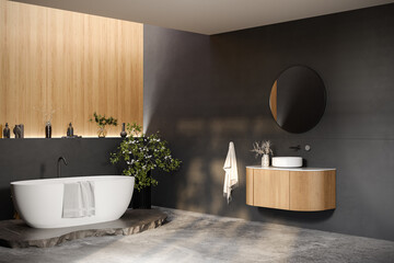 Comfortable bathtub and vanity with basin standing in modern bathroom black and wooden walls and...