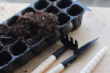 Preparation and planting of flowers. shovel and soil, seeds and pots out. Spring and seed.
