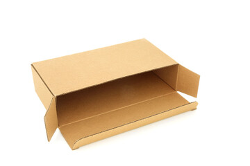Slimline brown cardboard rectangular shape delivery box on white background. Environmentally friendly recycled reusable material for delivery parcel box.
