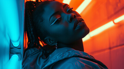 Close up portrait of a African American woman, orange blue neon light. Fashion, make up model. 