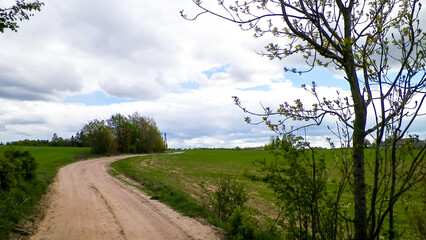 Green fields and hills in Wiezyca, Kashubian Region, Poland.