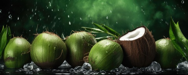 Fresh ripe brown coconuts with detailed water drops, exocit fruit panorama banner. Generative Ai.