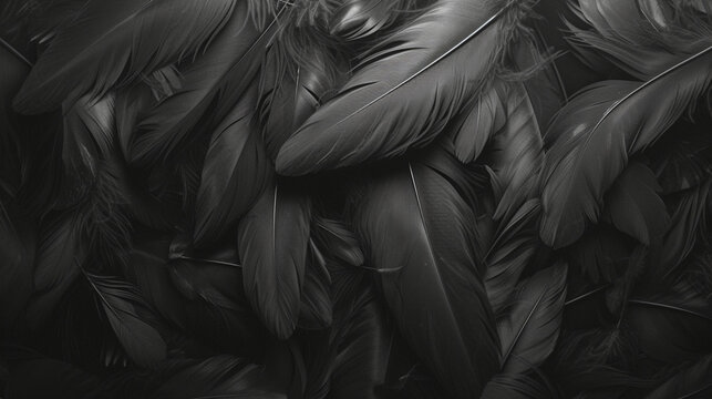 Feather pattern for background and texture. Black and gray feathers texture abstract background. 