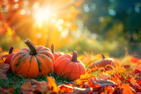 Pumpkin patch on sunny Autumn day. Beautiful fall scene