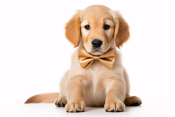
Golden retriever puppy dressed up with bow tie on white background