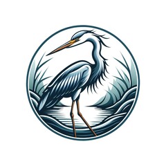 Elegant Heron Standing by Water Surrounded by Lush Foliage Illustration Logo