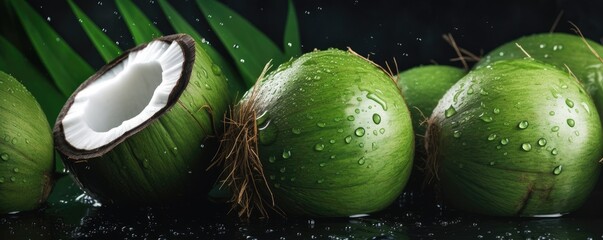 Fresh ripe brown coconuts, exocit healthy bio fruit food banner panorama. Generative Ai.