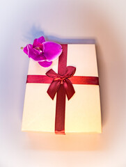 Present box with dark red bow with Purple orchid flowers on isolated background